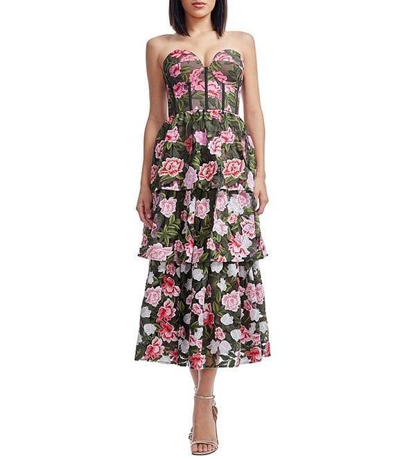 Dress the Population Teigan Sweetheart Corset Tiered Floral Embroidered Fit & Flare Midi Dress Product Image