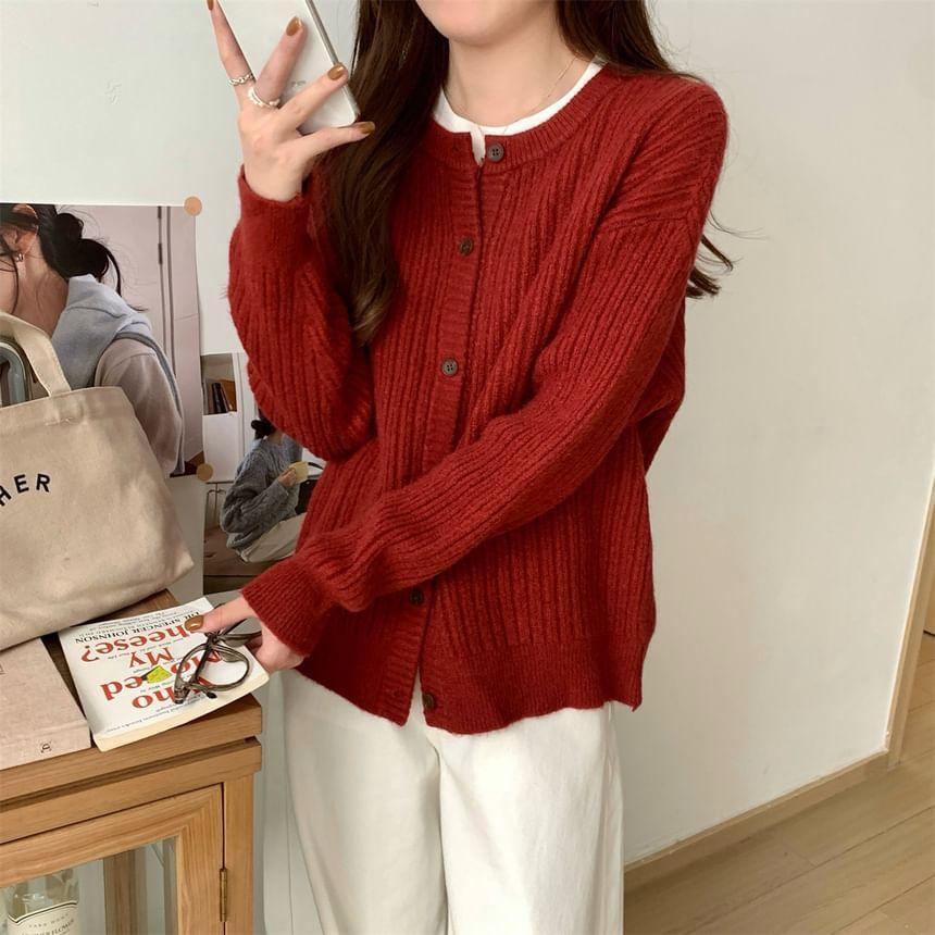 Mock Two-Piece Crewneck Button-Up Cardigan Product Image