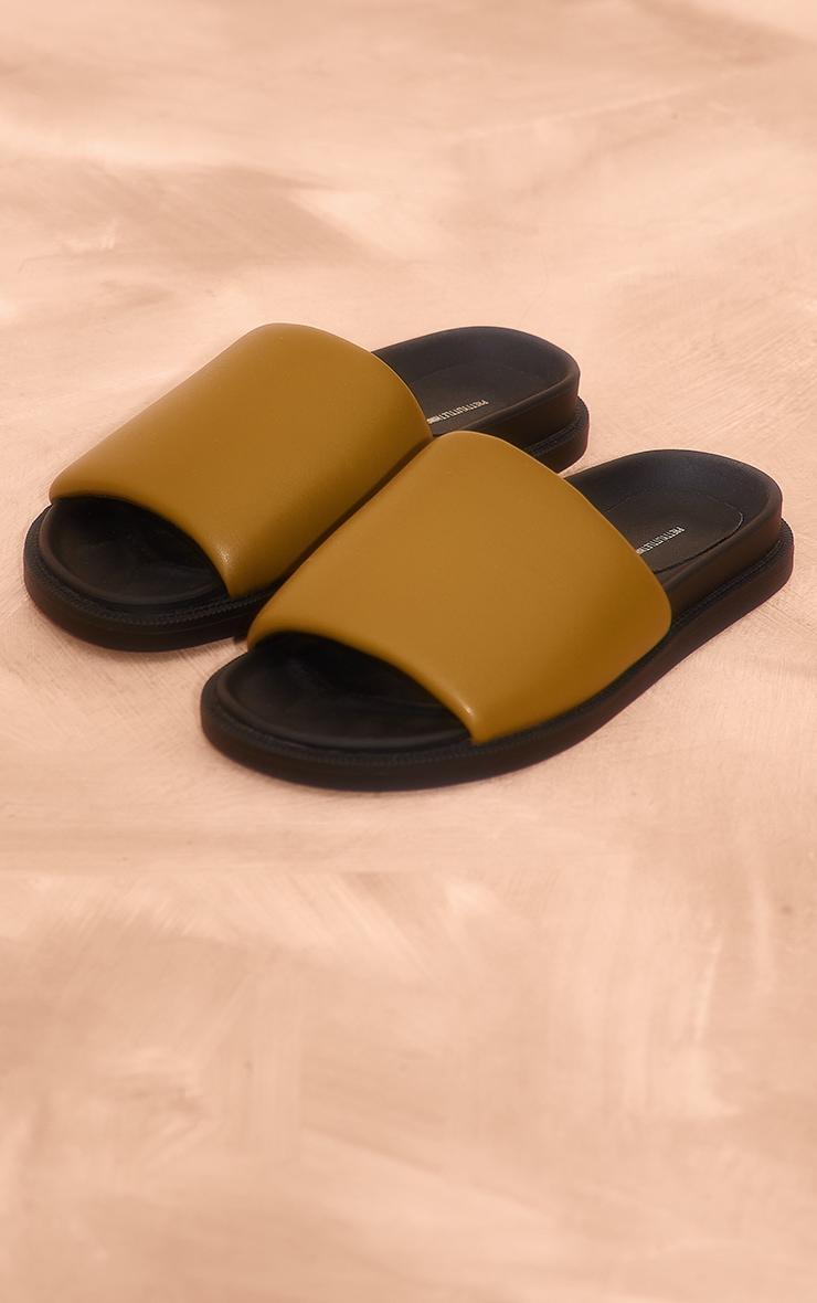 Khaki PU Round Toe Footbed Flat Slider Sandals Product Image