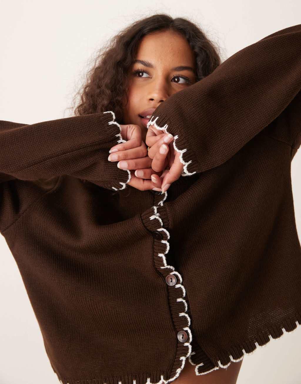 Miss Selfridge blanket stitch cardigan in chocolate Product Image