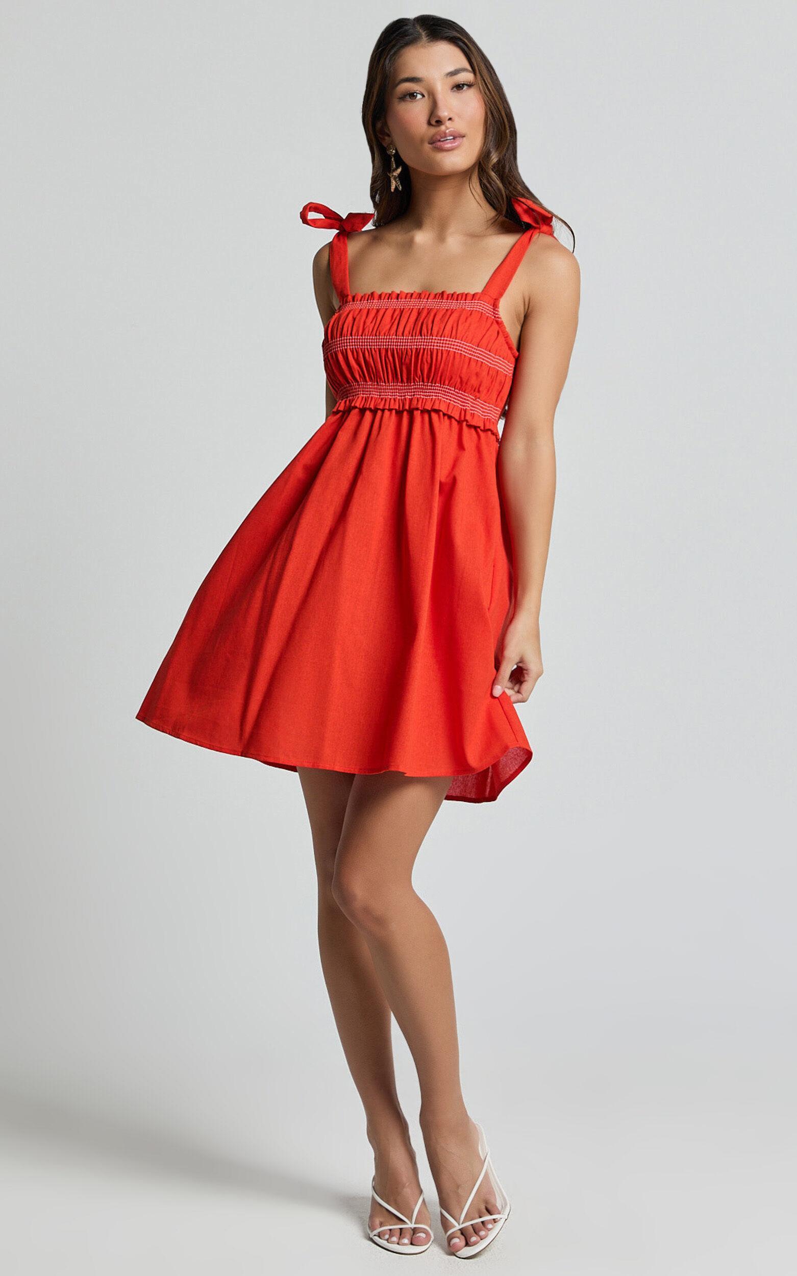 Cloe Mini Dress - Linen Tie Shoulder Shirred Dress in Red Product Image