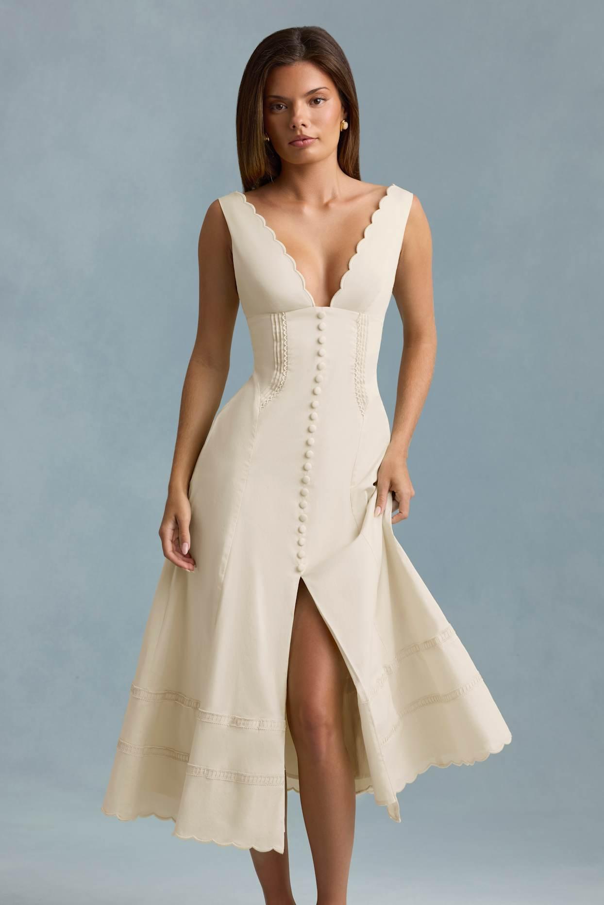 Cotton-Poplin A-Line Midaxi Dress in Ivory Product Image