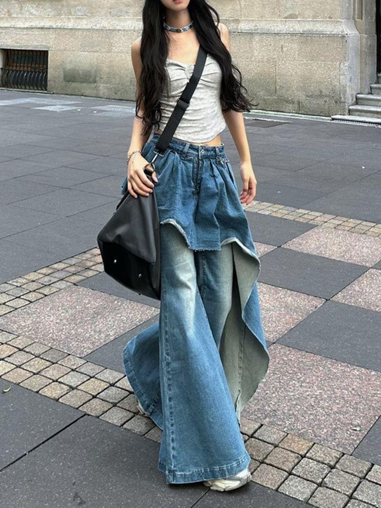 Mid Rise Mock Two-Piece Asymmetrical Washed Bell Bottom Jeans Product Image