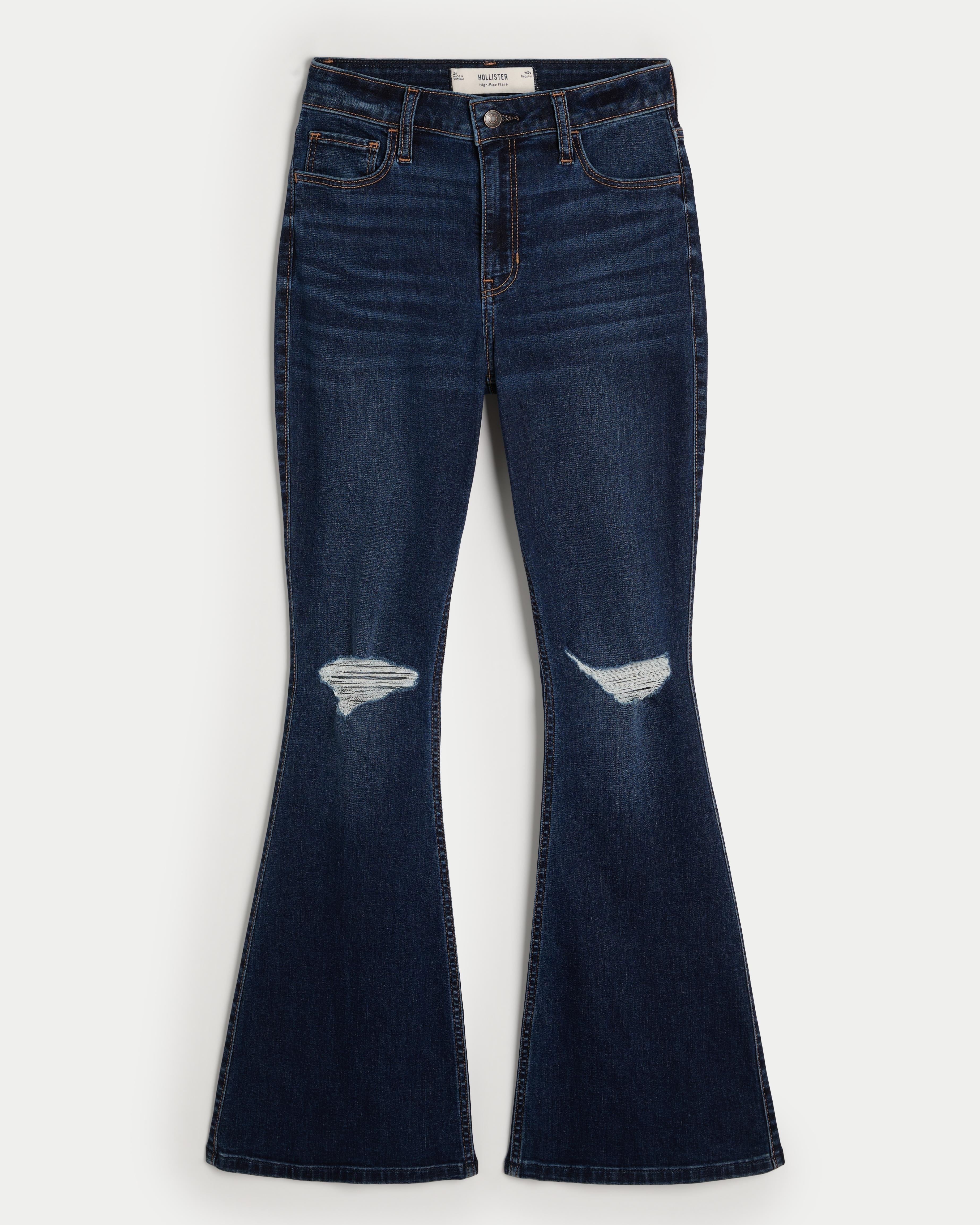 High-Rise Ripped Dark Wash Flare Jeans Product Image