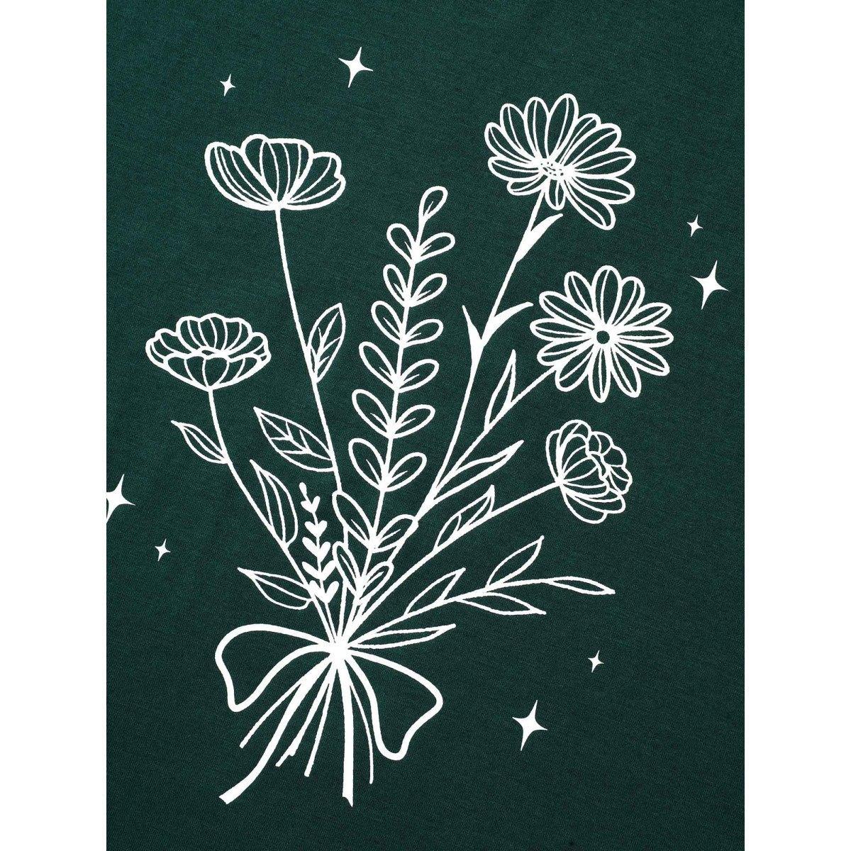 Plus Size Floral Motif Round Neck Fitted T-Shirt DarkGreen Women Casual Non Natural Flowers Round Neck Everyday T-shirts BloomChic 14-16/1X Product Image