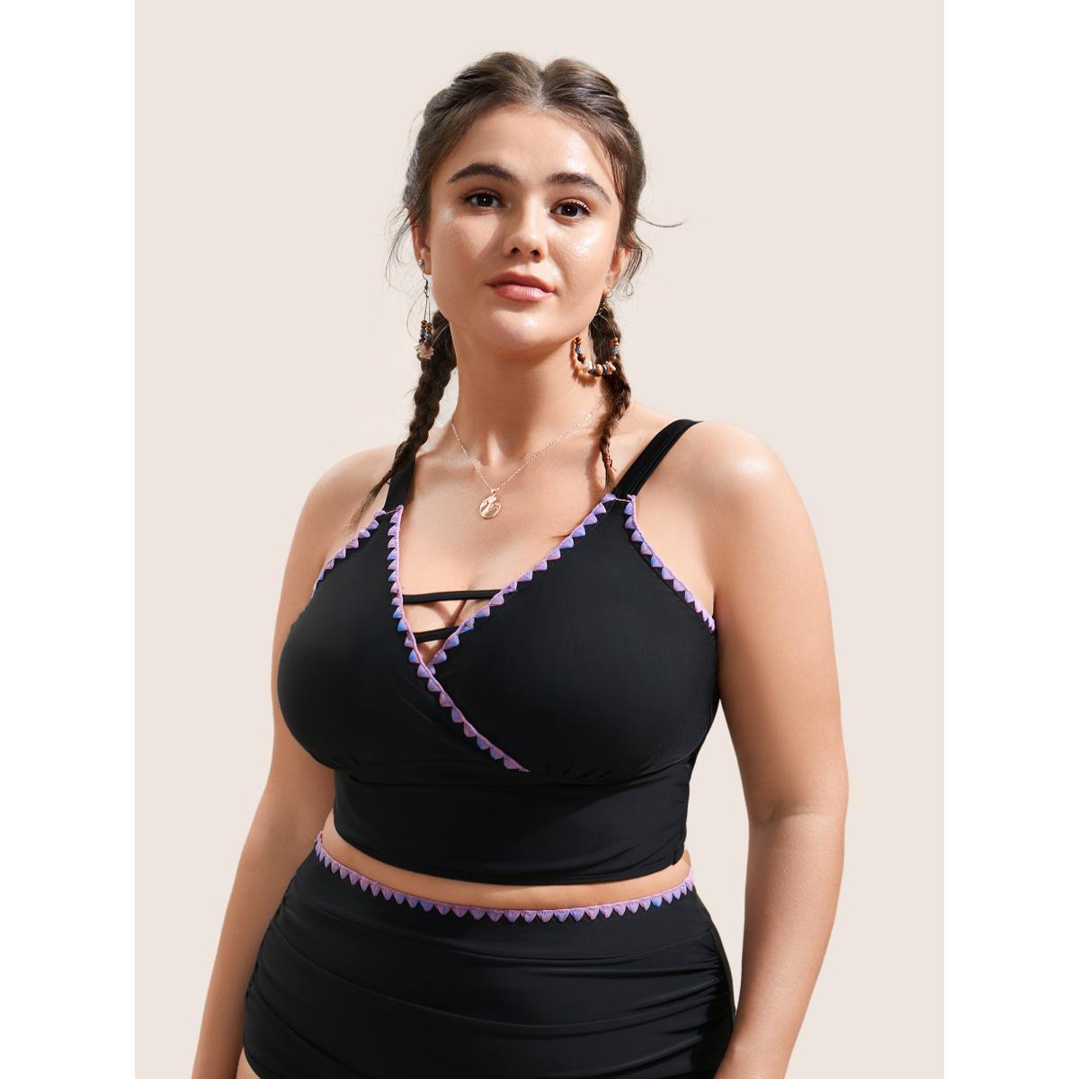Plus Size Shell Stitch Hollow Out Warp Swim Top Women's Swimwear Black Beach Non High stretch Skinny V-neck Curve Swim Tops BloomChic 30/6X Product Image