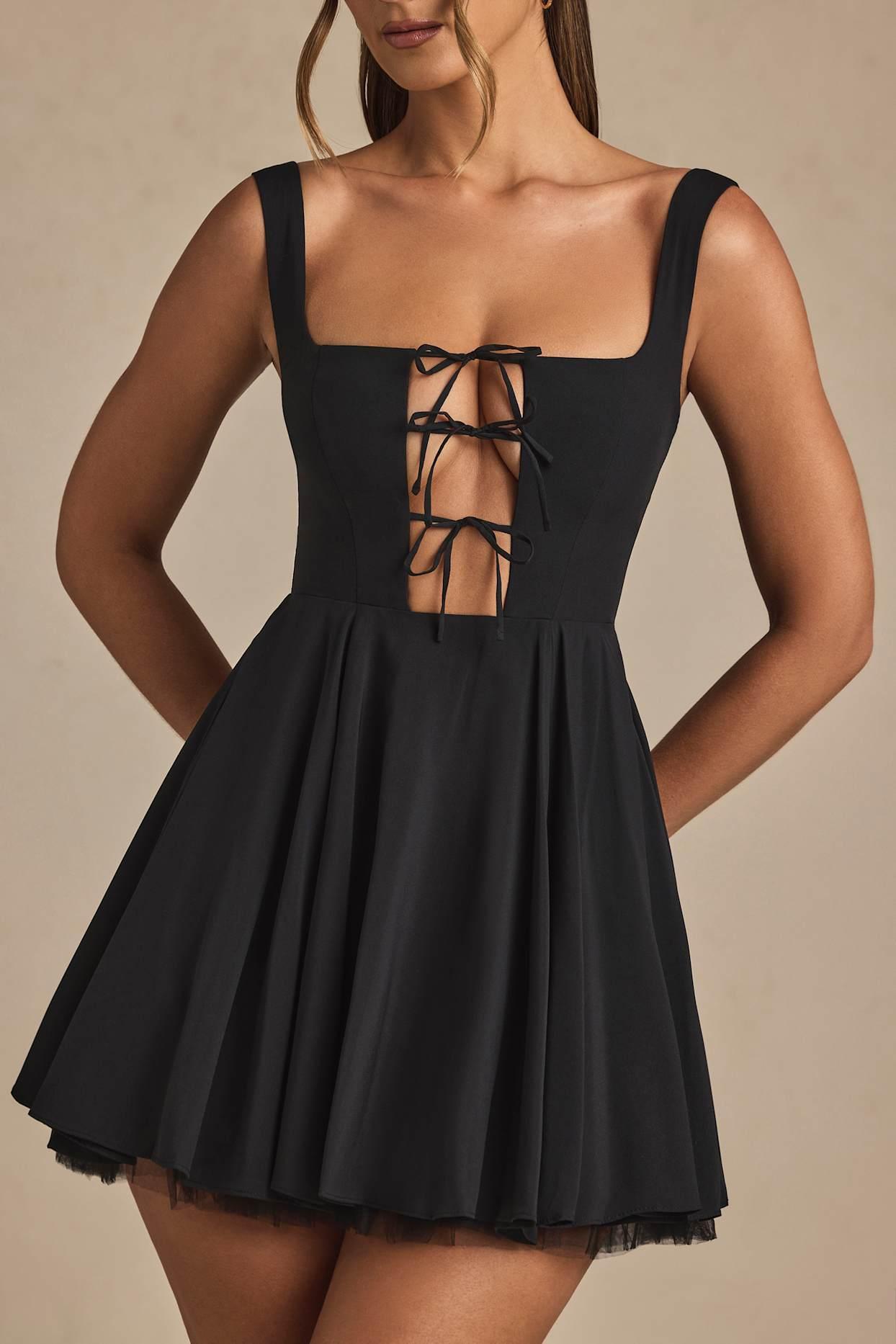 Tie-Detail A-Line Micro Mini Dress in Black Product Image