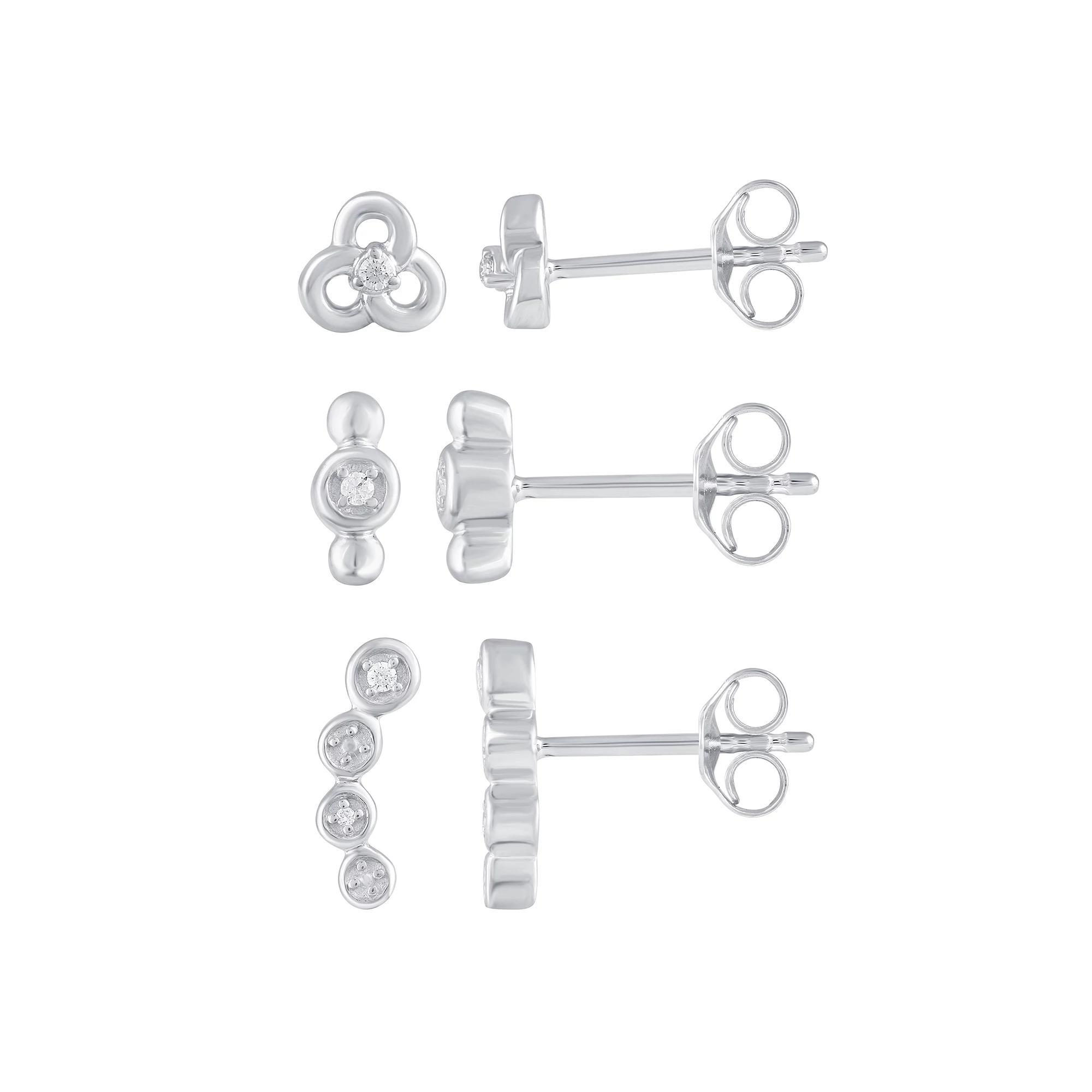 Royal Aura 3 Pair Sterling Silver 1/10 Carat T.W. Diamond Stud Earrings, Women's Product Image