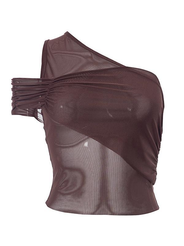 One Shoulder Asymmetric Design Ruched Mesh Short Sleeve Tee Product Image