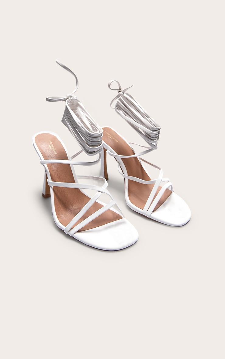 White Wide Fit PU Square Toe Strappy Lace Up Heeled Sandals Product Image