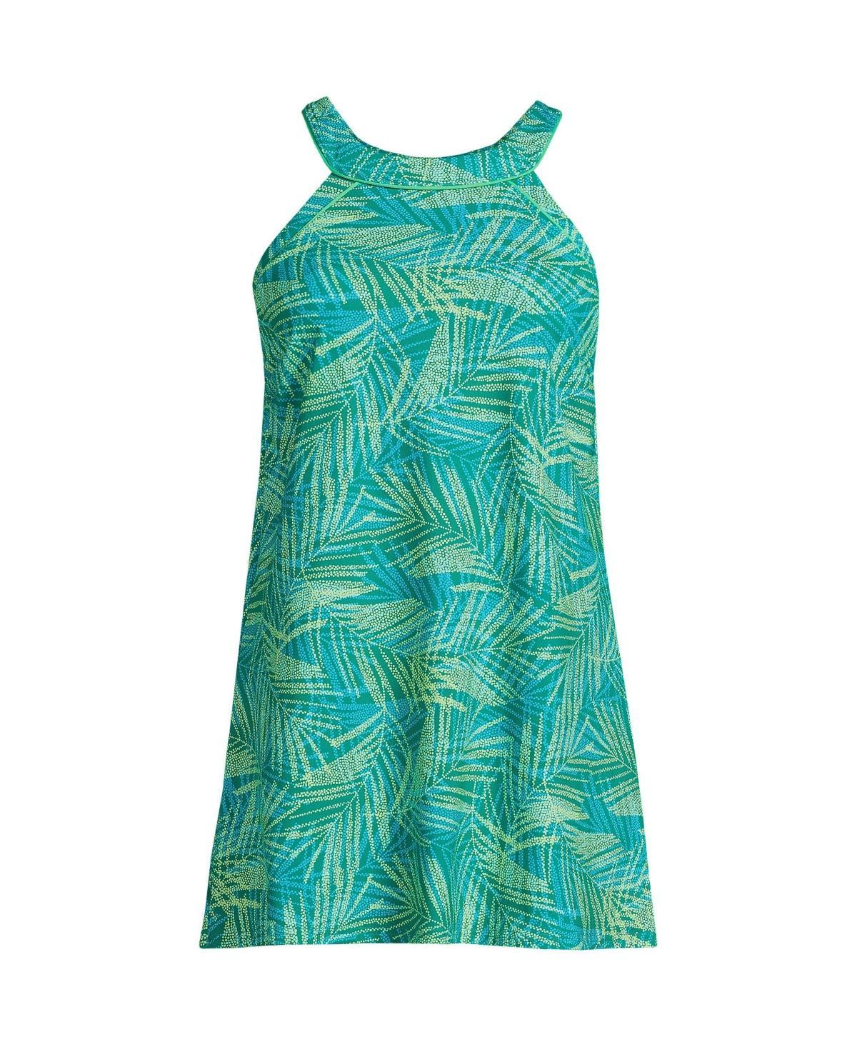 Womens Lands End UPF 50 High Neck One-Piece Swim Dress Blue Tossed Floral Product Image