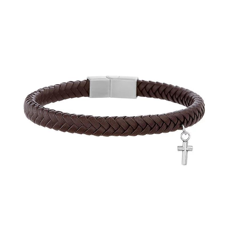 slate Mens Braided Brown Leather with Stainless Steel Cross Charm Bracelet Silver Tone Product Image