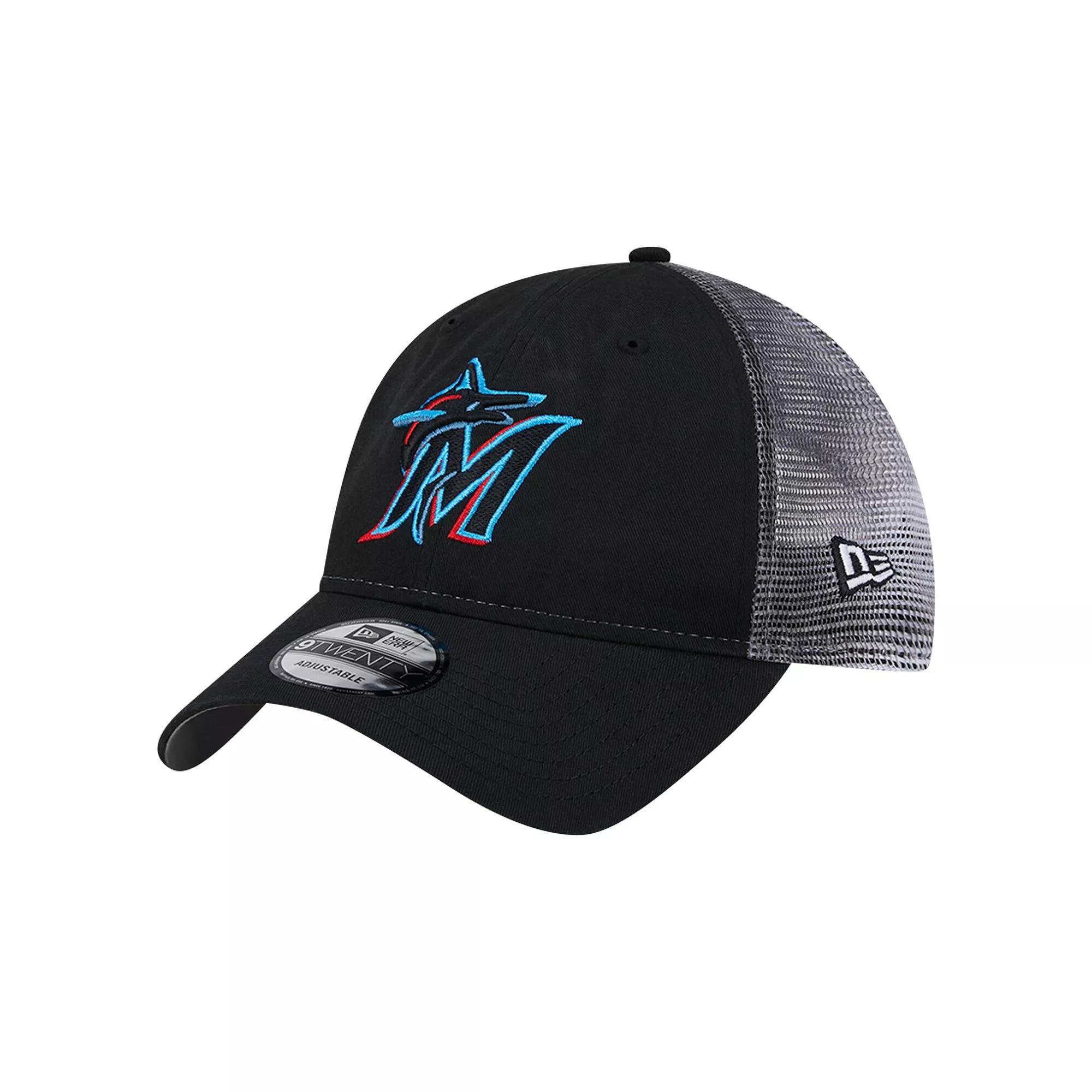 Men's New Era Black Miami Marlins Team Slick Trucker 9TWENTY Adjustable Hat Product Image