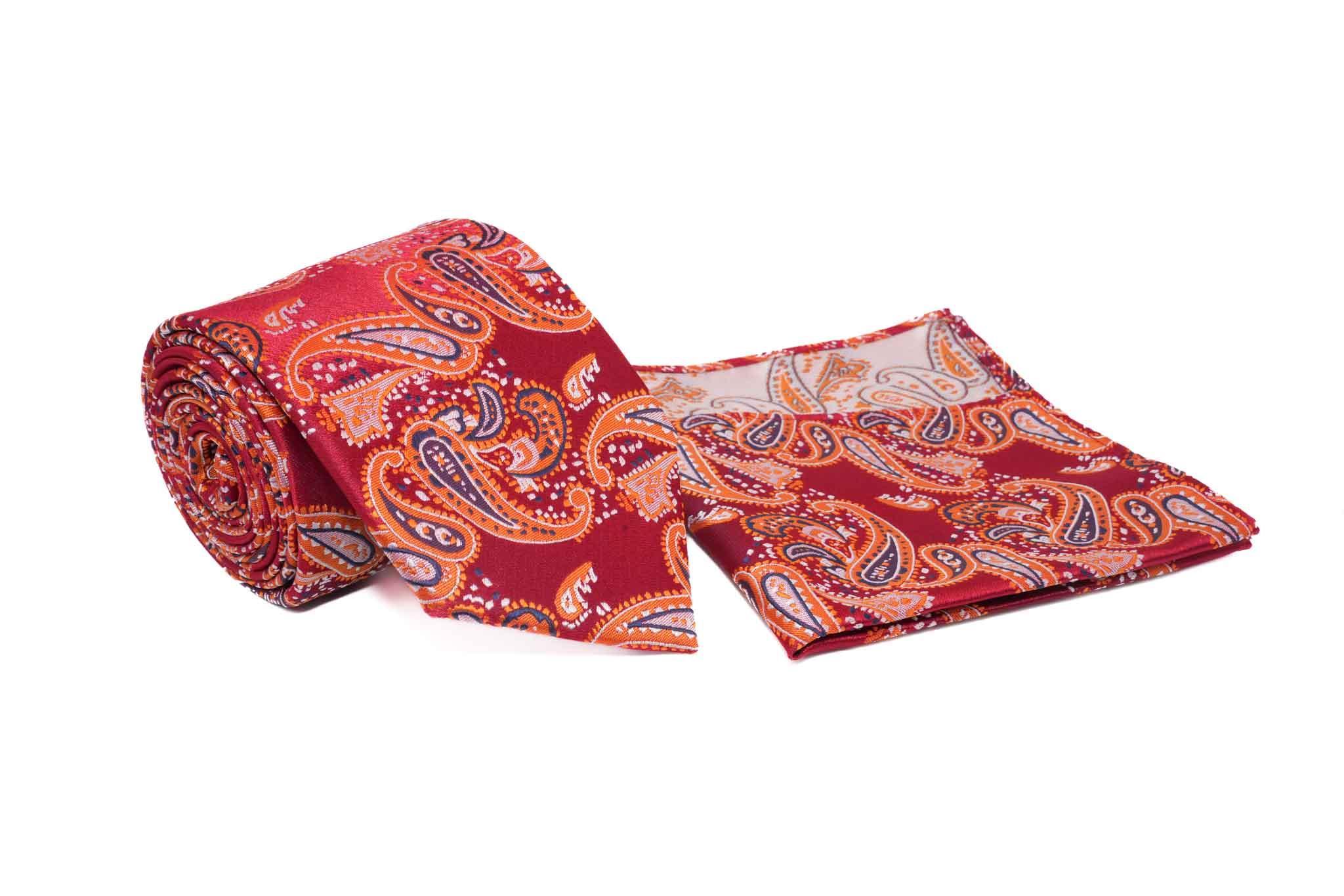 Red Paisley Pattern Men's Tie and Pocket Square Set Male Product Image