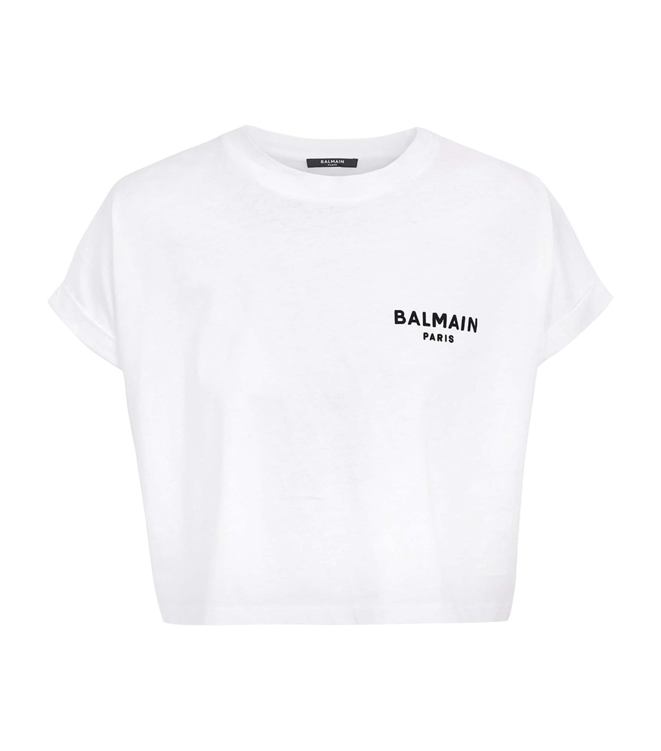 BALMAIN Cropped Flocked Cotton-jersey T-shirt In White Silver Product Image