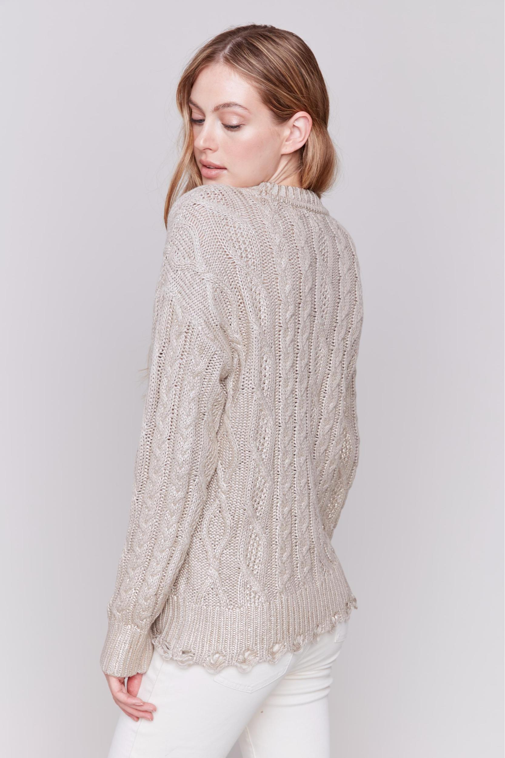 Foiled Cable Knit Crew-Neck Sweater Product Image