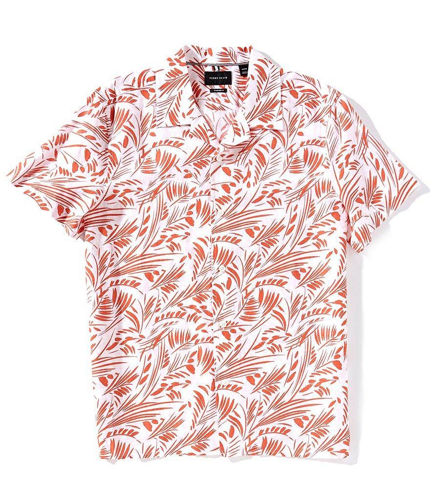 Perry Ellis Linen Cotton Abstract Leaf Print Short Sleeve Woven Camp Shirt Product Image