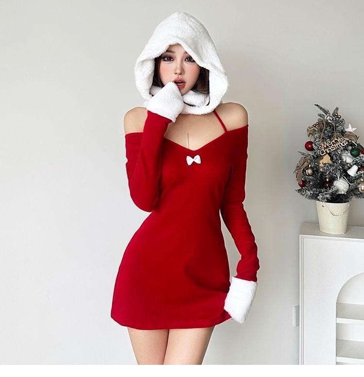 Long-Sleeve Cold Shoulder Bowknot Mini A-Line Dress / Hooded Scarf Product Image