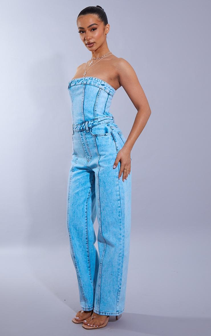 Petite Acid Blue Wash Bandeau Denim Jumpsuit Product Image