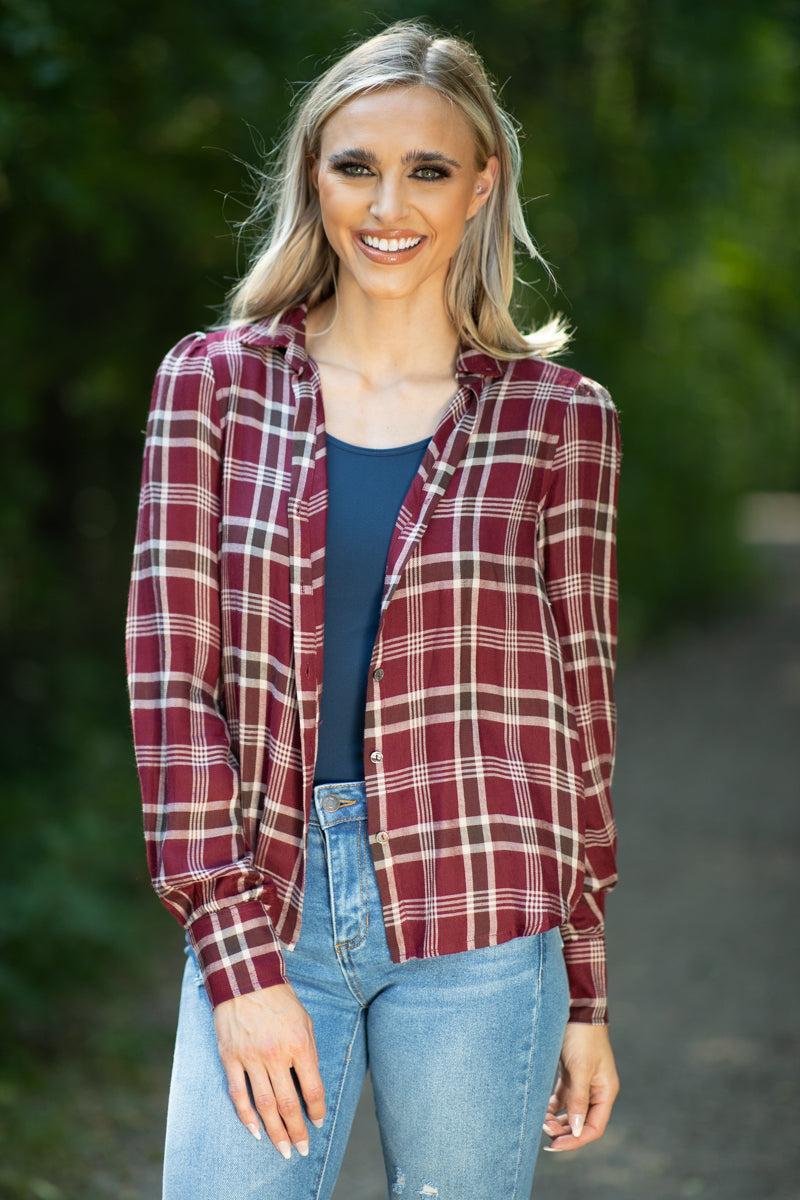 Burgundy and Beige Plaid Button Up Top Product Image