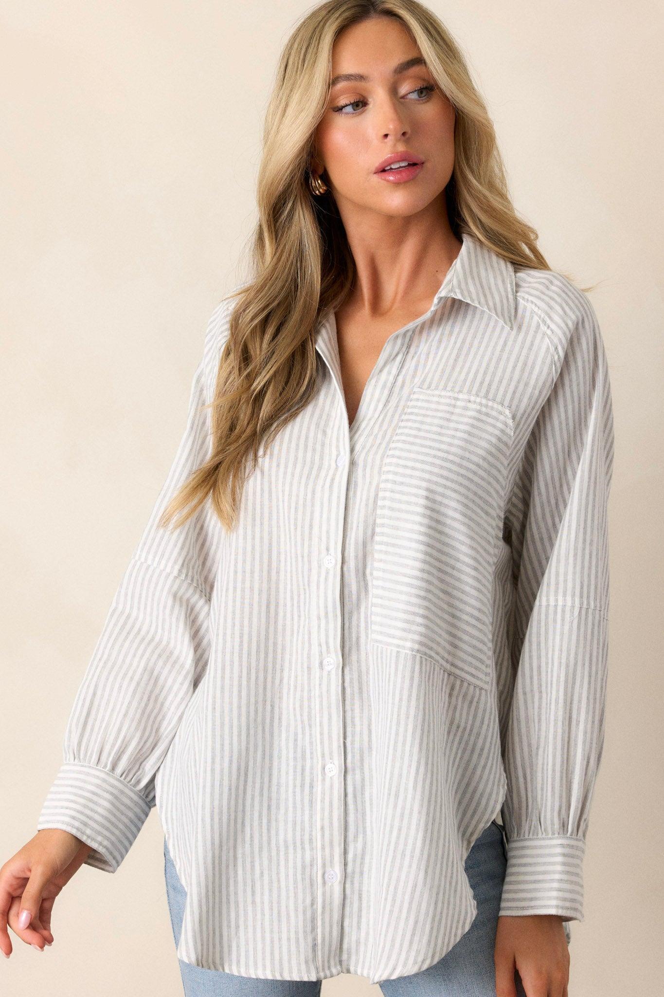 Timeless Flow Cotton Grey Button Front Top Product Image