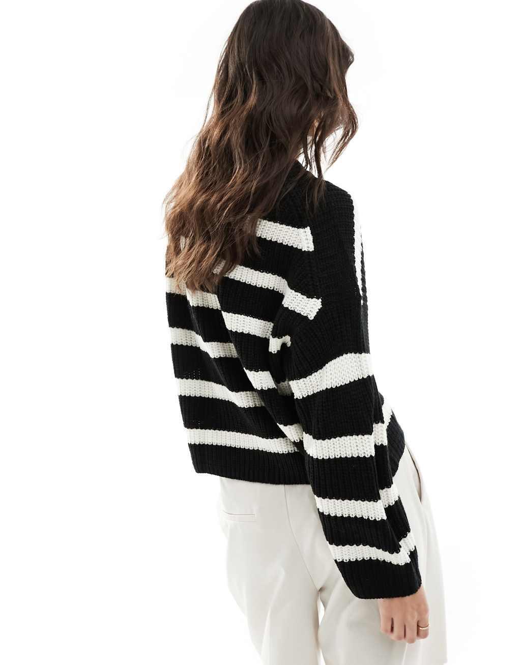 JDY knitted crew neck sweater in beige & black stripe Product Image