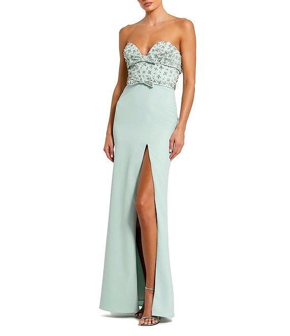 Mac Duggal Sweetheart Strapless Rhinestone Trim Bow Front Crepe Column Gown Product Image