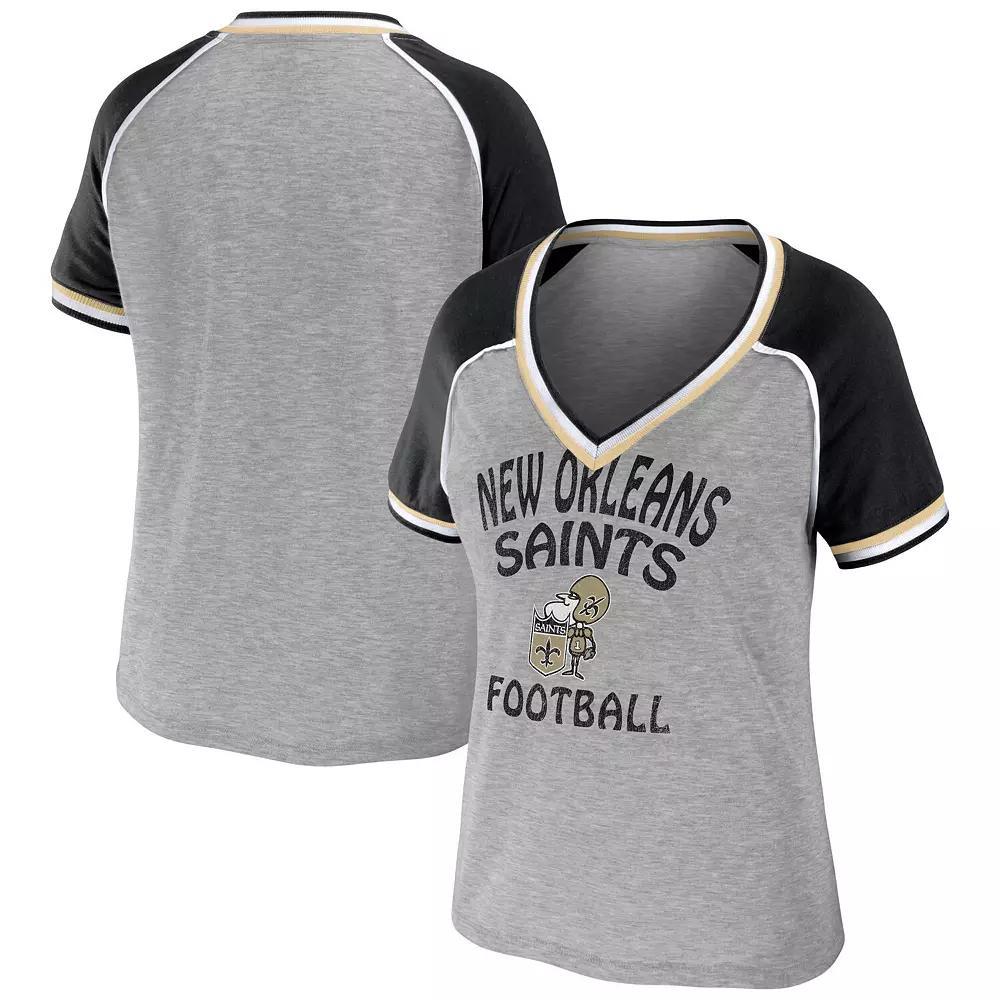 Women's WEAR by Erin Andrews Heather Gray New Orleans Saints  Throwback Raglan V-Neck T-Shirt, Size: XS, Grey Product Image