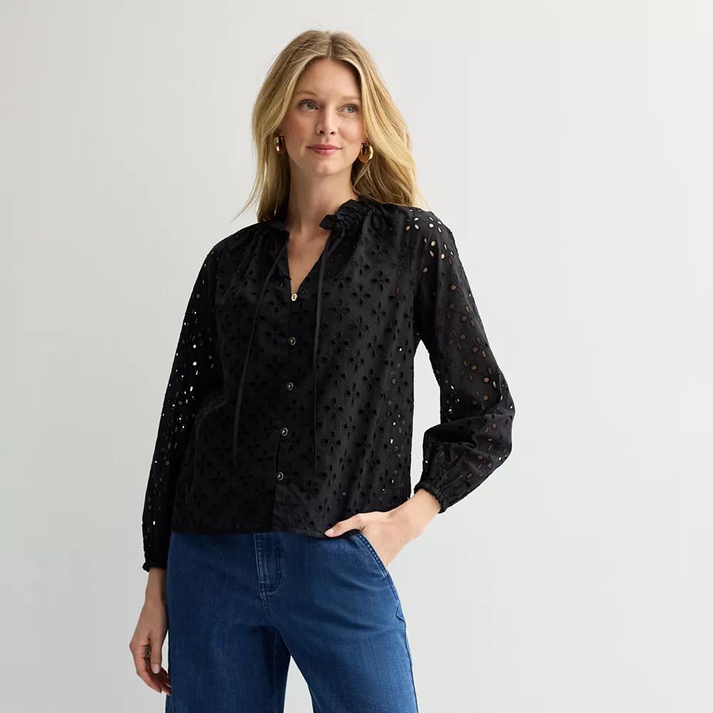 Petite Nine West Ruffle Collar Blouse, Women's, Size: Medium Petite, Mineral Black Product Image