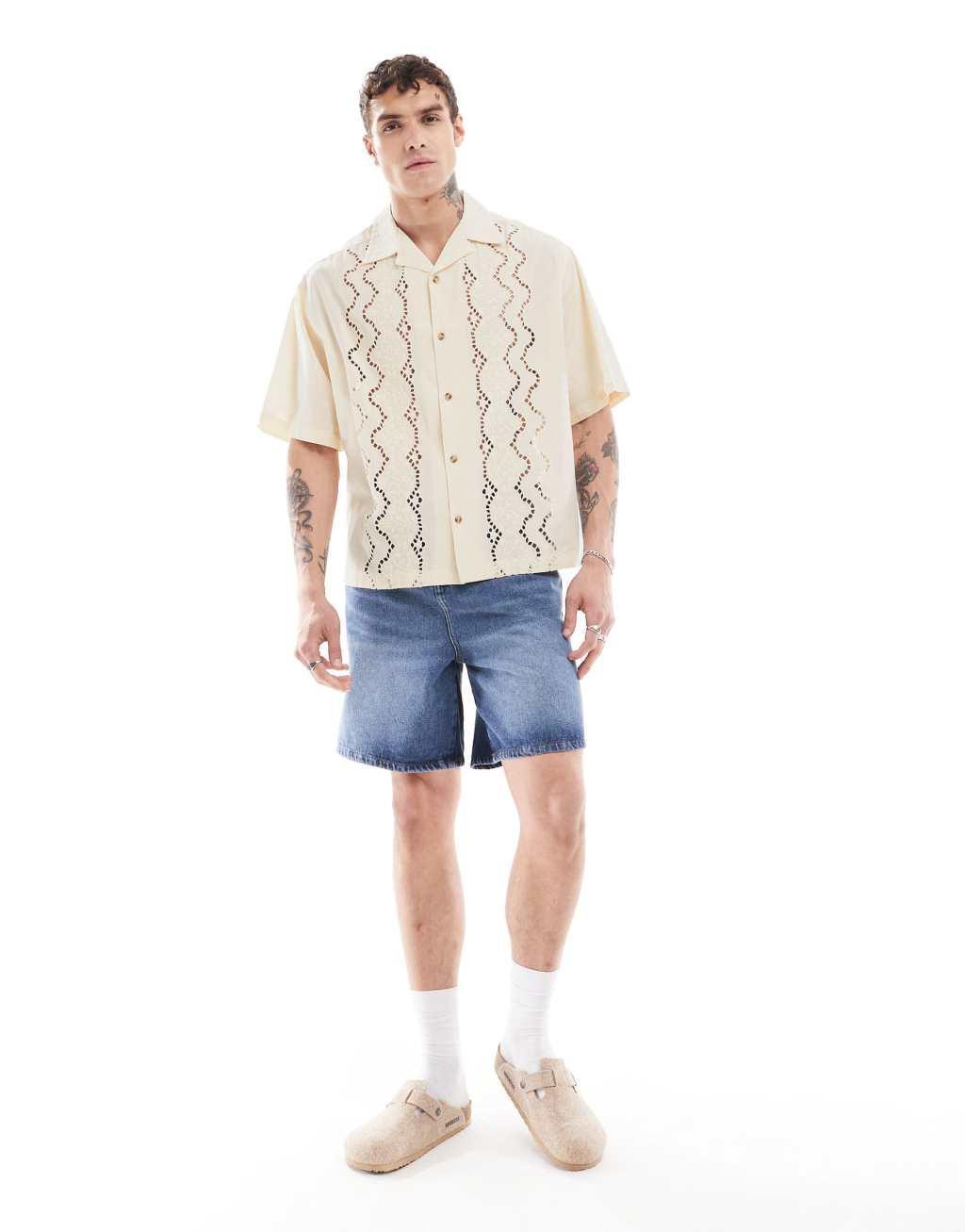 ASOS DESIGN short sleeve boxy oversized camp collar shirt with placement broderie in sand Product Image