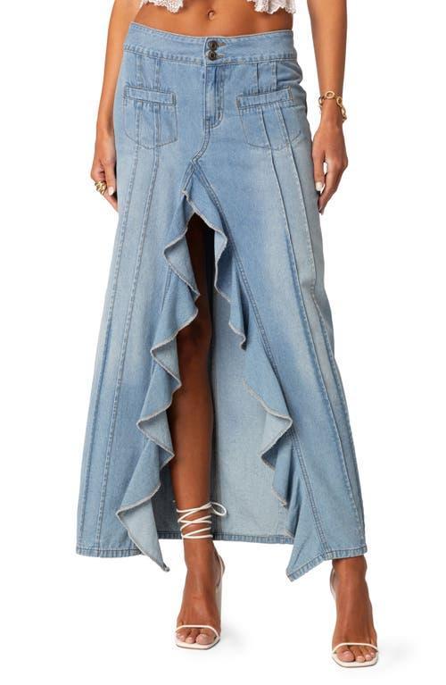 Womens Valencia Ruffle Slitted Denim Maxi Skirt Product Image