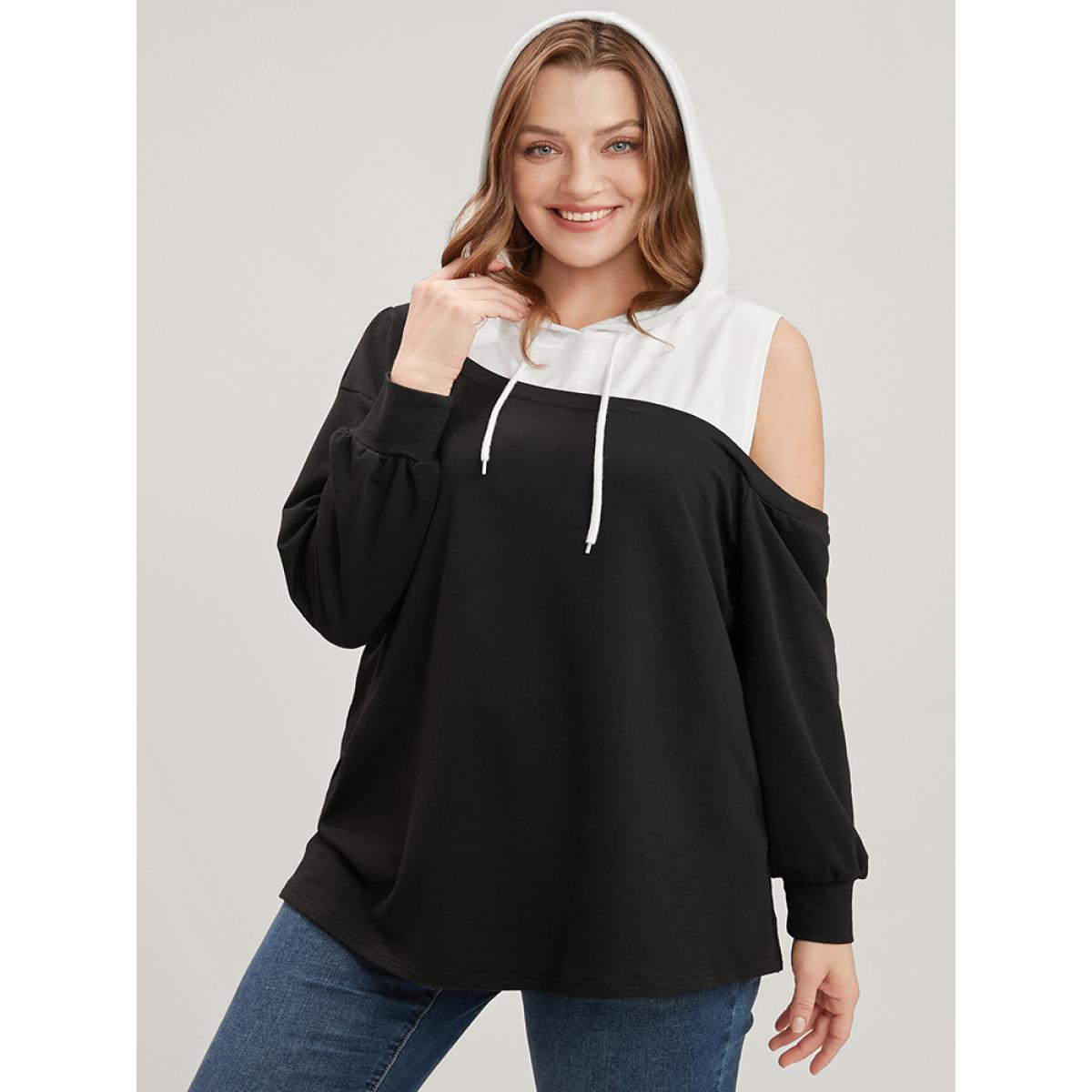 Plus Size Colorblock Contrast Drawstring Cut Out Sweatshirt Women Black Casual Contrast Hooded Dailywear Sweatshirts BloomChic 14-16/1X Product Image