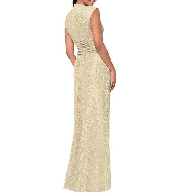 Betsy & Adam Petite Size Mock Neck Ruched Bodice Crinkled Metallic Sleeveless Sheath Gown Product Image
