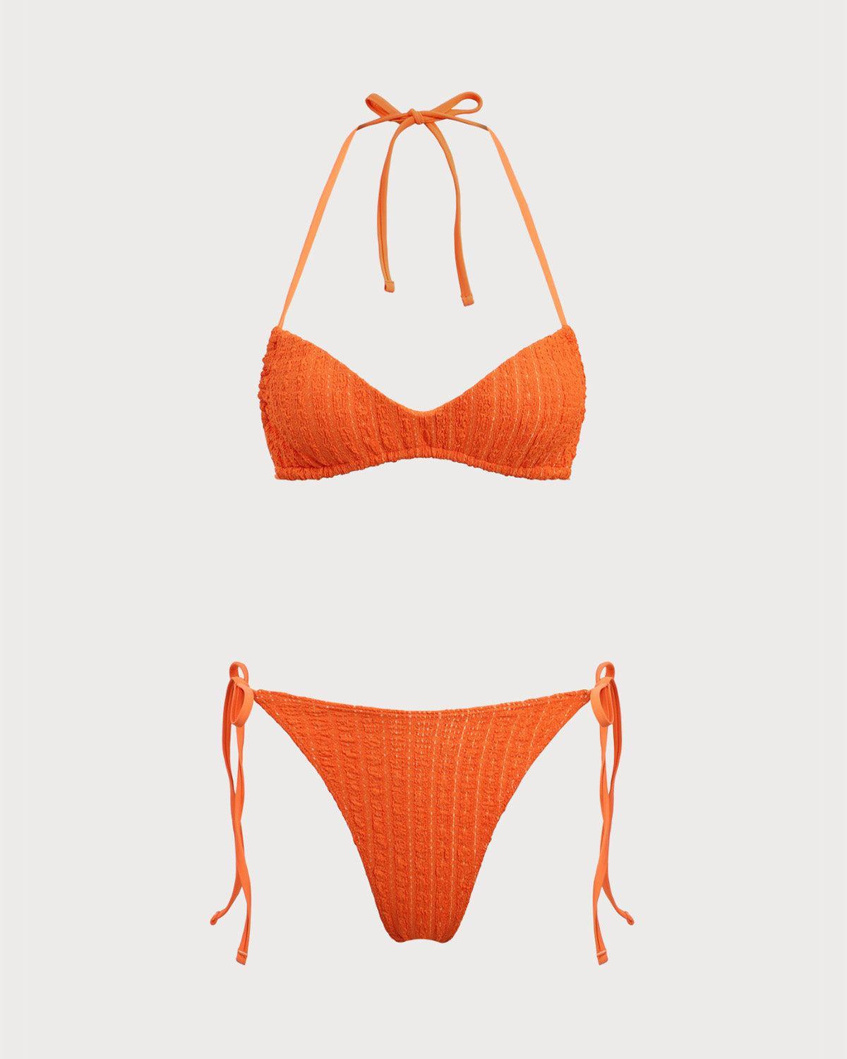 Orange Textured Drawstring Bikini Set Product Image