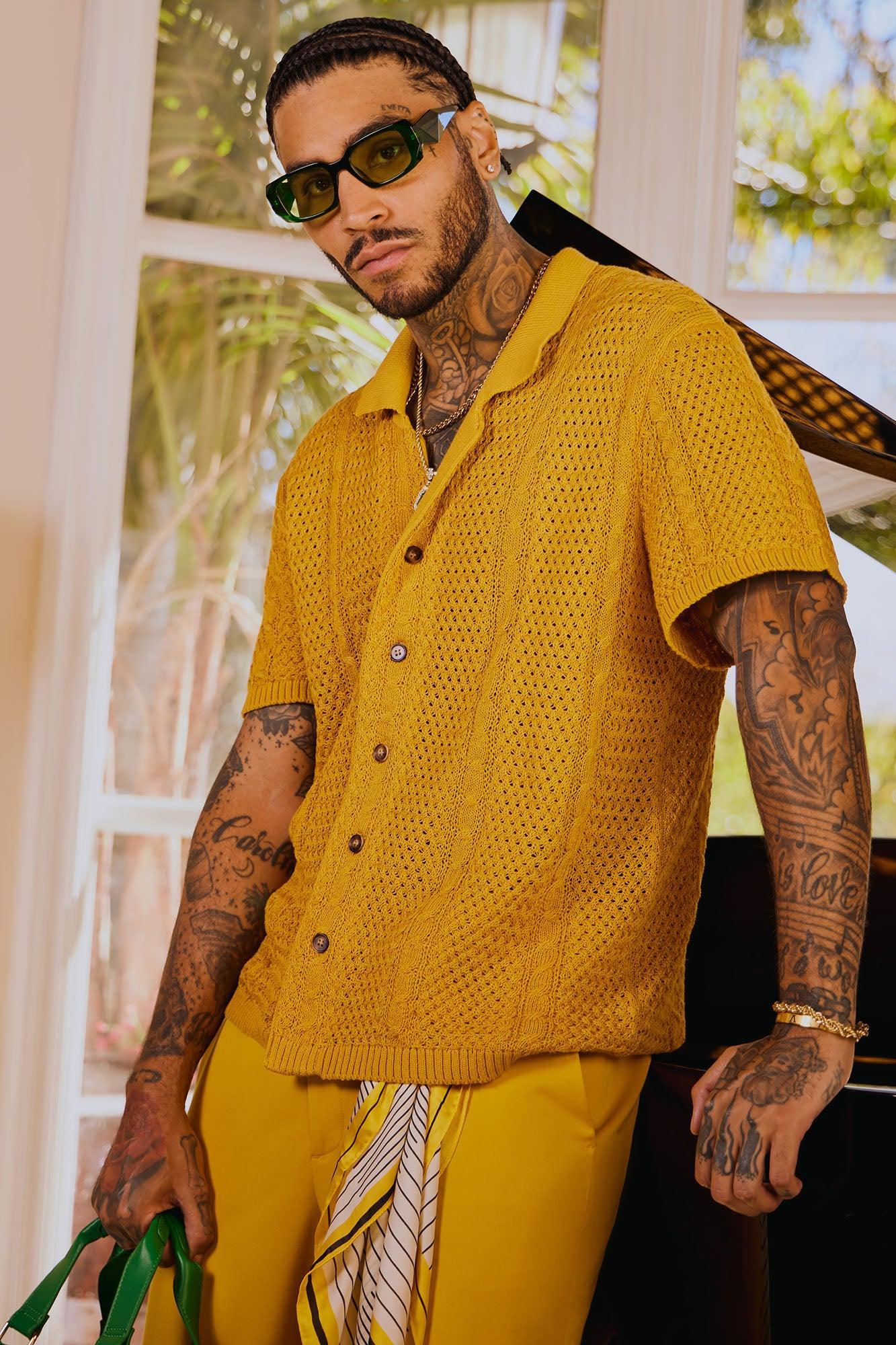 Unwind Cable Knit Short Sleeve Button Up - Mustard Product Image