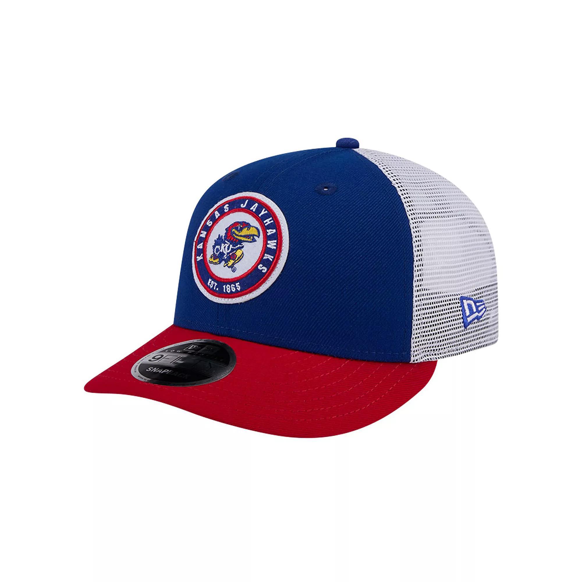Men's New Era Royal Kansas Jayhawks Throwback Circle Patch 9FIFTY Trucker Snapback Hat, Blue Product Image