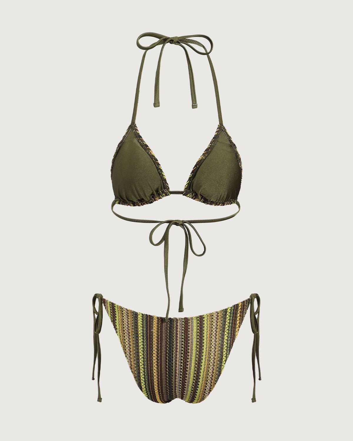 Green Striped Halter Triangle Bikini Set Product Image