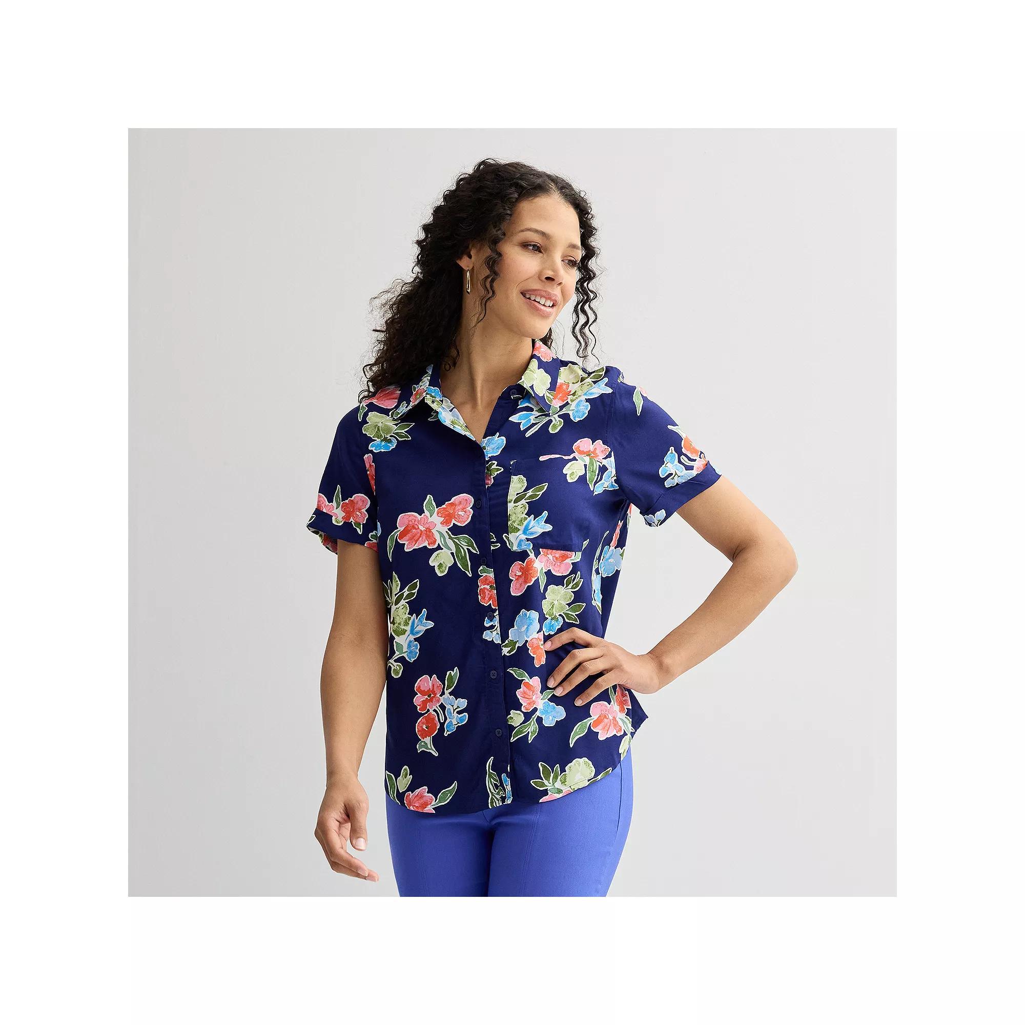 Women's Croft & Barrow® Camp Shirt, Size: Medium, Blue Floral Wash Product Image