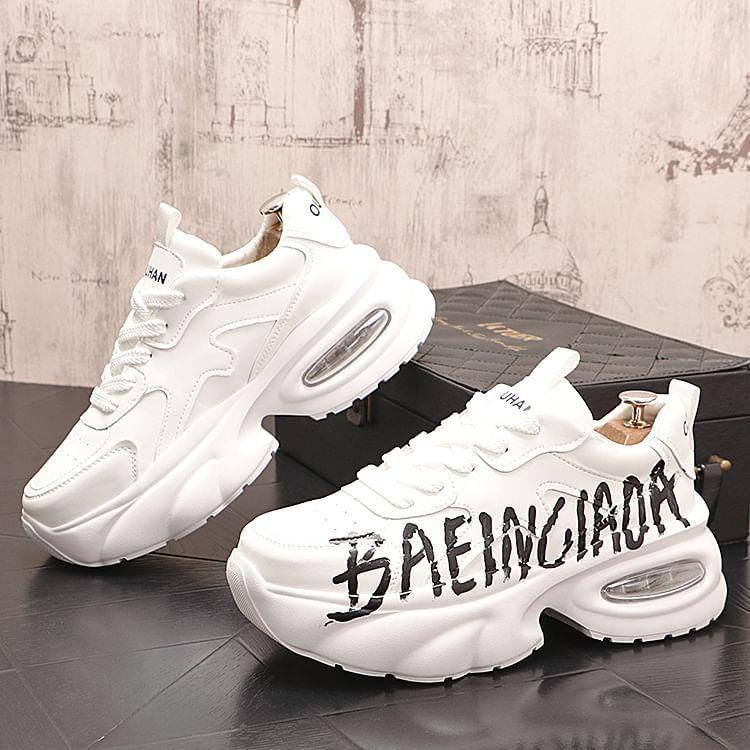 Hidden Wedge Lettering Print Lace-Up Faux Leather Sneakers Product Image