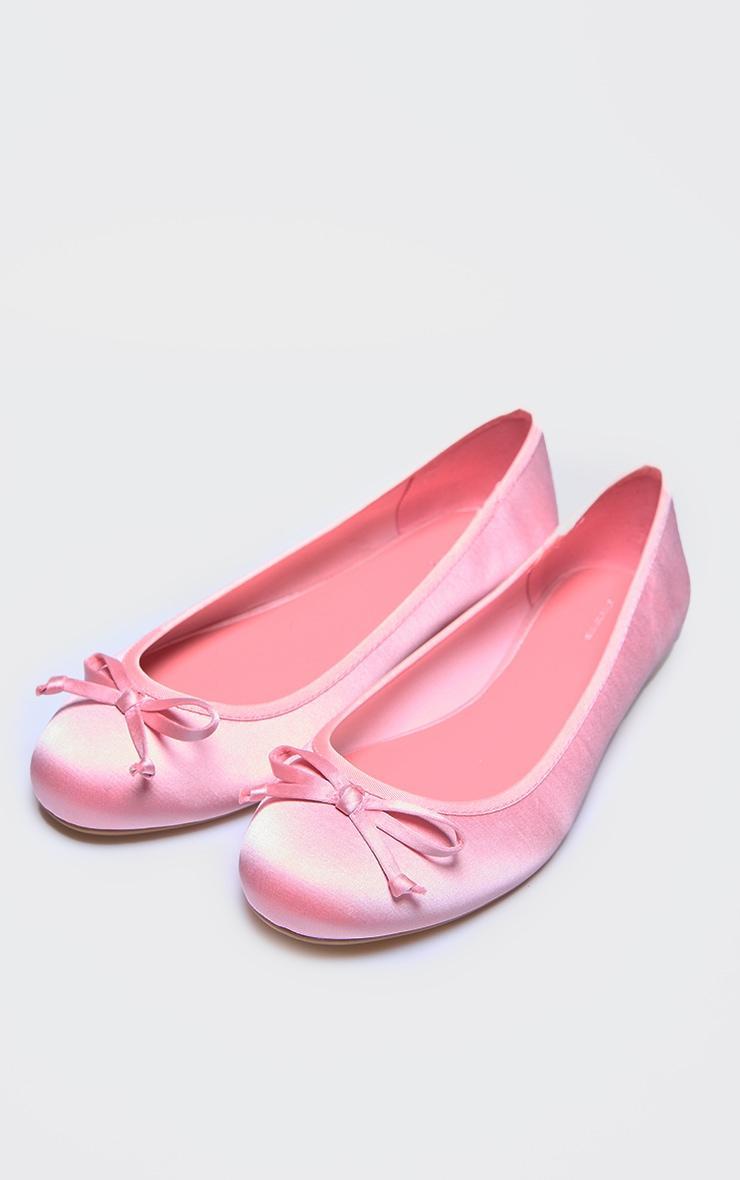 Pink Satin Round Toe Bow Detail Ballet Flats Product Image