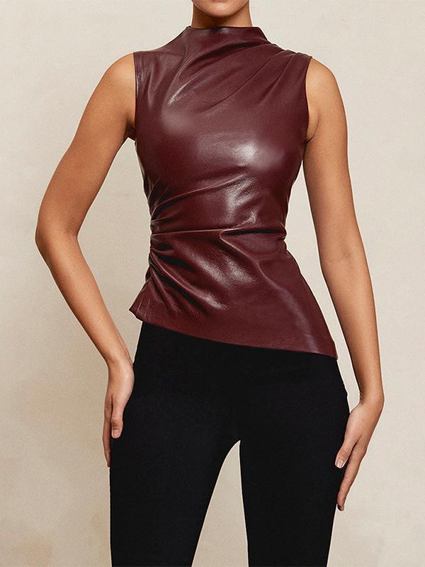 Skinny Sleeveless Asymmetric Pleated Solid Color Mock Neck Vest Top Product Image