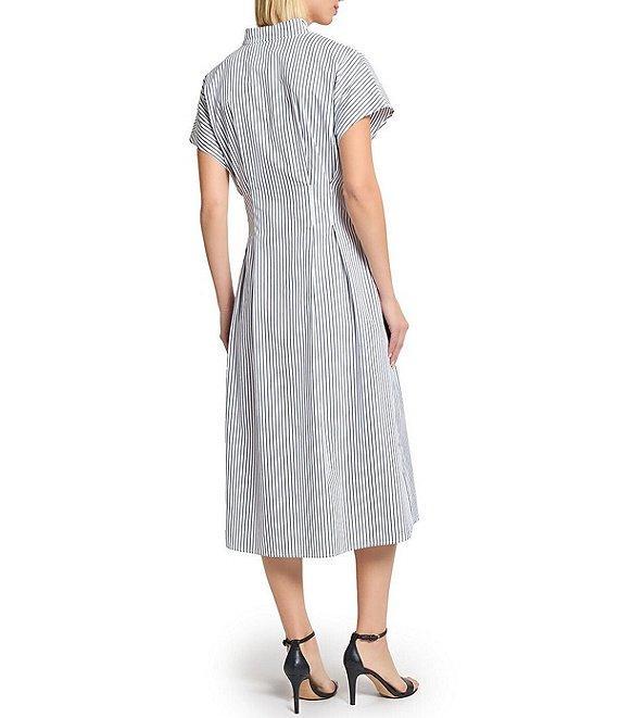 Ming Wang x Tanya Foster Cotton Pinstripe Stand Collar Short Sleeve Fit-And-Flare Dress Product Image