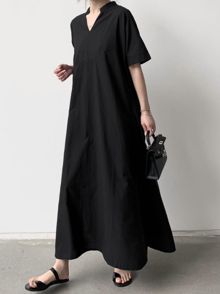 Loose Short Sleeves Solid Color V-Neck Maxi Dresses Product Image