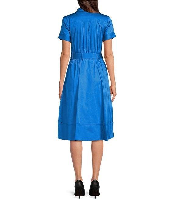 KARL LAGERFELD PARIS Cotton Sateen Point Collar Short Sleeve Pocketed Belted Midi Dress Product Image