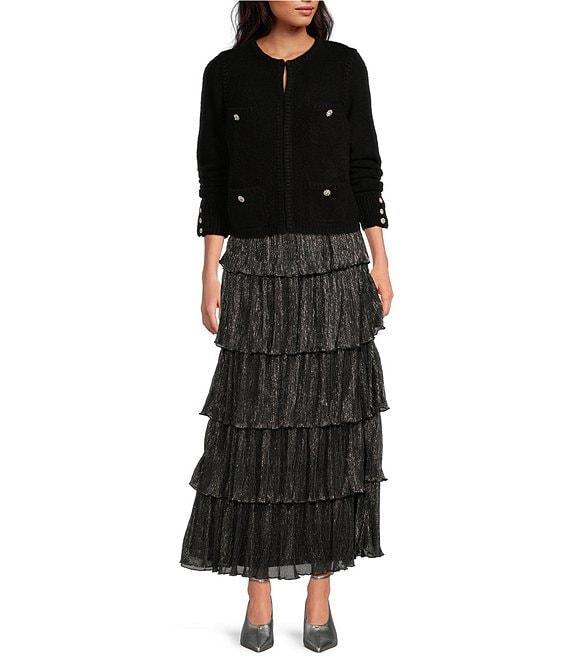 A Loves A Wool Blend Knit Crew Neck Snap Front Rhinestone Button Long Sleeve Cardigan Product Image