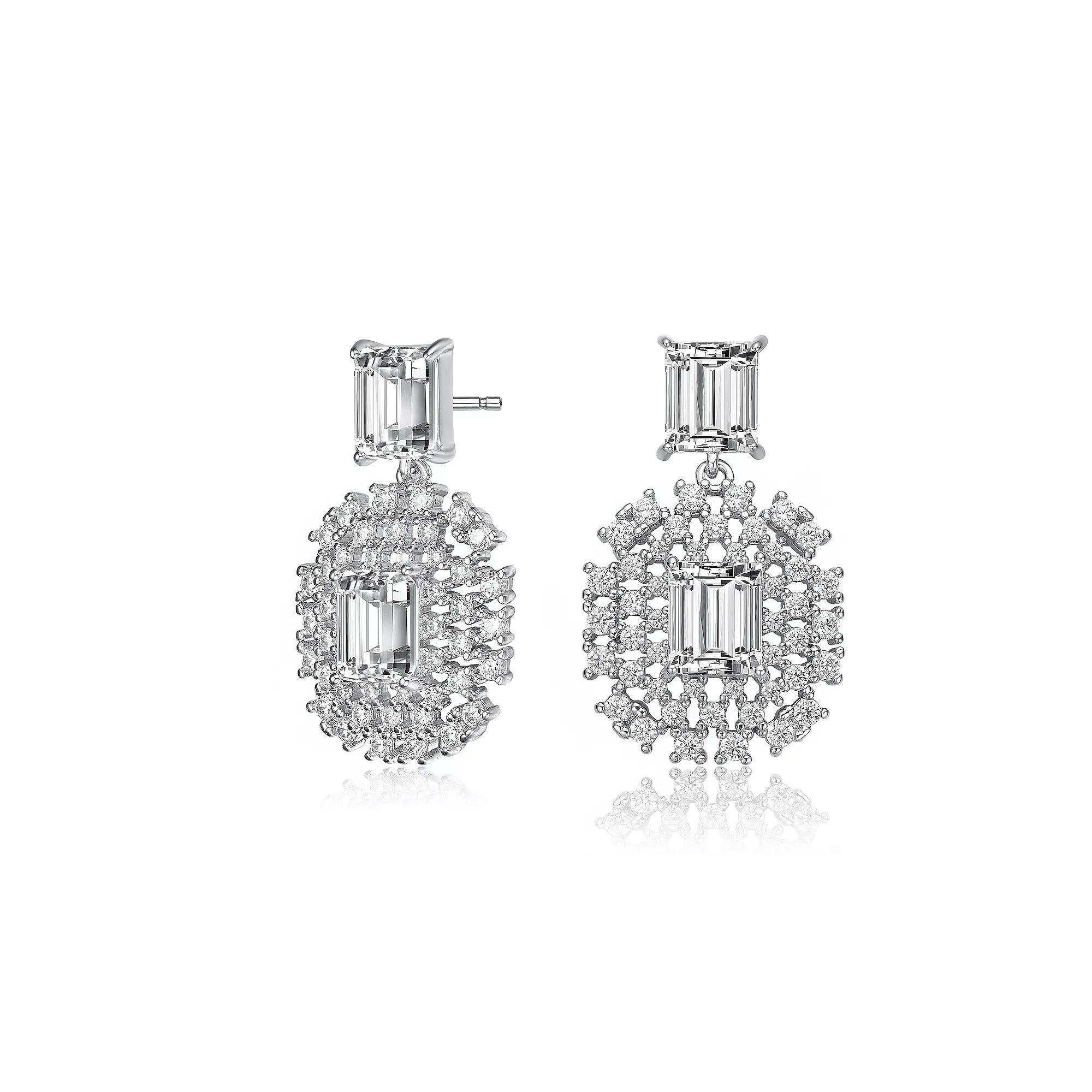 Sterling Silver Cubic Zirconia Lace Cluster Drop Earrings, Womens Product Image