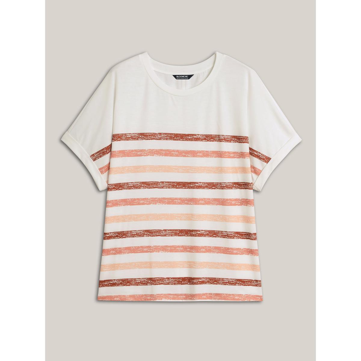 Plus Size Colorful Stripes Stretchy Crewneck T-Shirt WhiteSmoke Women Contrast Round Neck Everyday-Casual T-shirts BloomChic 10/M Product Image