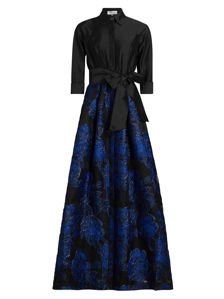 Womens Jacquard Tie-Waist A-Line Gown Product Image