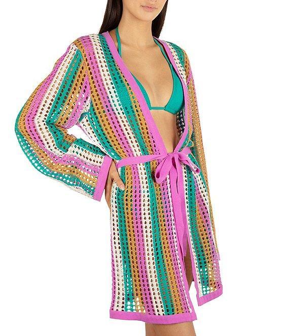 Hurley Stripe Crochet Knit Open Front Rope Swim Cover-Up Product Image