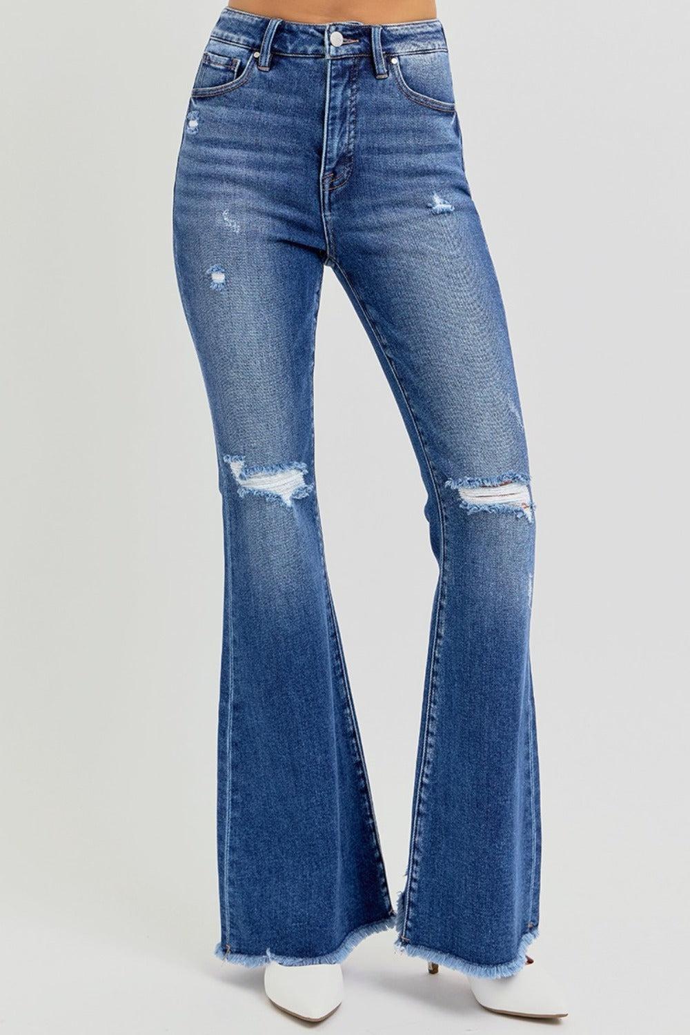 Risen High Rise Distressed Raw Hem Flare Jeans Product Image